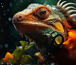 Legwan zielony, Głowa, Kwiaty, Zbliżenie, Jaszczurka