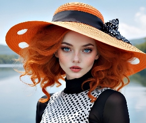 Kobieta, Rzeka, Kokarda, Kapelusz, Ruda