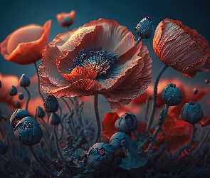 Grafika, Pąki, Maki, Kwiaty