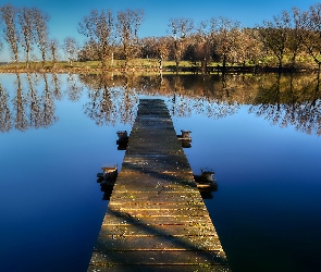 Drzewa, Pomost, Jesień, Staw