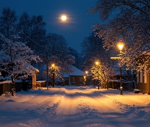 Latarnie, Droga, Domy, Zima, Drzewa, Zaśnieżona