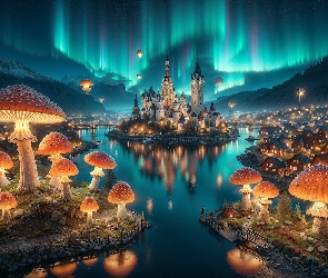 Podświetlone, Grzyby, Jezioro, Fantasy, Zamek, Zorza polarna