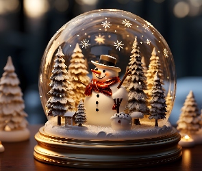 Zima, Światło, Choinki, Dekoracja, Śnieg, Białe, Szklana, Kula, Bałwan