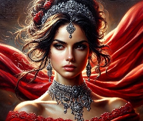 Czerwony, Diadem, Kobieta, Materiał, Naszyjnik, Grafika, Biżuteria