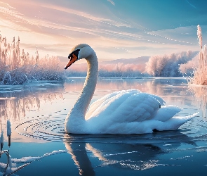 Jezioro, Grafika, Szuwary, Zmarznięte, Łabędź