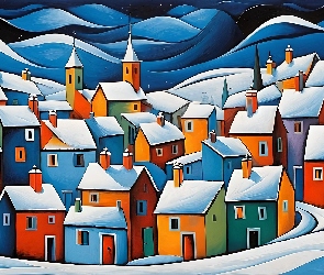 Ośnieżone, Grafika, Zima, Domy, Kolorowe