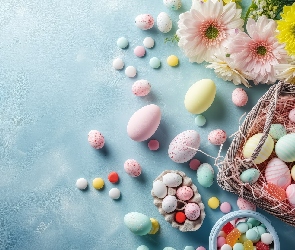 Kolorowe, Miseczki, Wielkanoc, Cukierki, Kwiaty, Pisanki, Gerbery, Koszyk