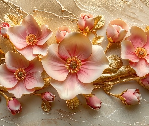 Gałązki, Listki, Kwiaty, Grafika, Złote, Różowe, Pąki