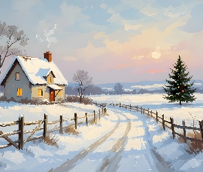 Boże Narodzenie, Choinka, Droga, Zima, Ogrodzenie, Dom