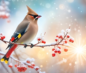 Grafika, Zima, Ptak, Jemiołuszka, Jarzębina, Śnieg