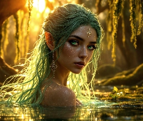 Elfka, Głowa, Dziewczyna, Włosy, Drzewa, Zielone, Fantasy, Woda