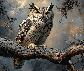 Grafika, Gałąź, Sowa, Puchacz