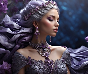Grafika, Kwiaty, Włosy, Kobieta, Fioletowe, Biżuteria