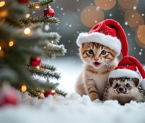 Śnieg, Choinka, Jeż, Grafika, Mikołaja, Kot, Czapki