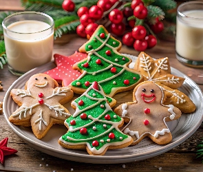 Szklanki, Talerz, Ciastka, Mleko, Pierniki, Świąteczne, Lukrowane
