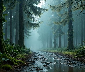 Drzewa, Mgła, Kałuże, Droga, Las