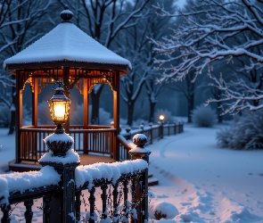 Zima, Ośnieżone, Ogrodzenie, Drzewa, Lampion, Śnieg, Noc, Park, Altana