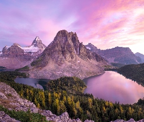 Kanada, Drzewa, Jezioro Sunburst Lake, Jeziora, Góry, Jezioro Cerulean, Kolumbia Brytyjska, Park Prowincjonalny Mount Assiniboine, Góra Mount Assiniboine