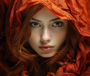Szal, Pomarańczowy, Rudowłosa, Kobieta