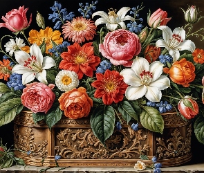 Różnokolorowe, Skrzynka, Ozdobna, Bukiet, Kwiaty