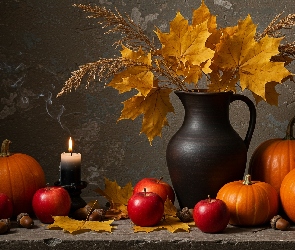 Świeca, Dynie, Dzbanek, Kompozycja, Liście, Jabłka
