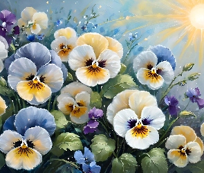 Kolorowe, Grafika, Kwiaty, Bratki, Słońce