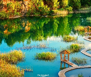 Drzewa, Park Gródek, Jezioro, Kępy, Jaworzno, Polska, Trawy, Województwo Śląskie, Trawa, Pomost, Altany