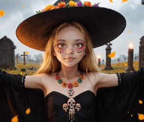 Świece, Kwiaty, Czarne, Grafika, Kapelusz, Dziewczyna, Ubranie