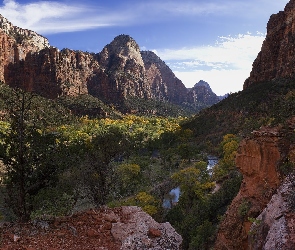 Góry, Utah, Rośliny, Stany Zjednoczone, Park Narodowy Zion, Drzewa, Skały, Rzeka, Virgin River