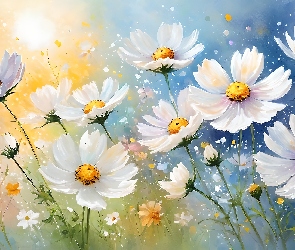 Grafika, Kwiaty, Kosmea, Białe