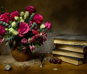 Wazon, Kompozycja, Stół, Książki, Róże
