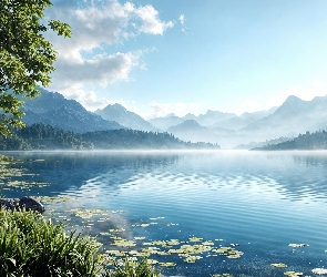 Grafika, Drzewo, Góry, Jezioro, Mgła, Rośliny