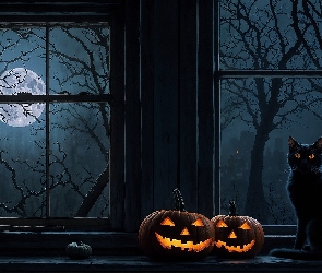 Kot, Okno, Księżyc, Dynie, Halloween