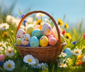 Koszyk, Kwiaty, Pisanki, Kolorowe, Wielkanoc