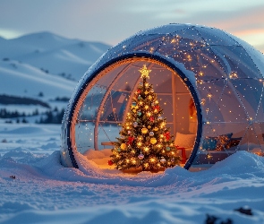Igloo, Choinka, Góry, Zima, Boże Narodzenie, Udekorowana