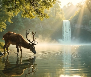 Jezioro, Słoneczny blask, Drzewo, Wodospad, Jeleń