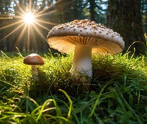 Grafika, Słońce, Grzyby, Trawa