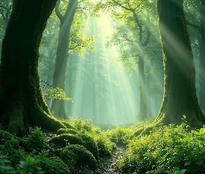 Drzewa, Korzenie, Przebijające światło, Las, Ścieżka, Omszałe