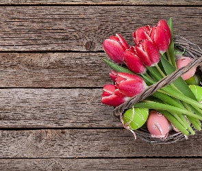 Koszyk, Kolorowe, Wiklinowy, Tulipany, Wielkanoc, Czerwone, Deski, Pisanki