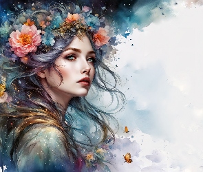 Motyle, Kwiaty, Grafika, Dziewczyna