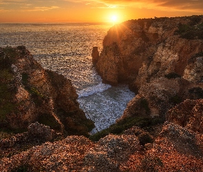 Algarve, Wschód słońca, Morze, Skały, Portugalia