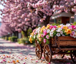 Drzewa, Kwitnące, Kolorowe, Wóz, Kwiaty, Aleja