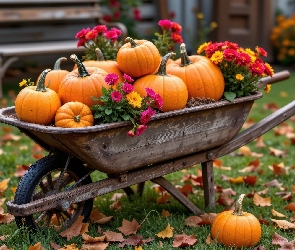 Kwiaty, Dynie, Drewniana, Taczka