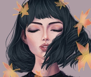 Zamknięte, Grafika, Liście, Oczy, Dziewczyna