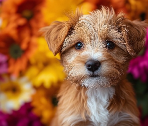 Kwiaty, Szczeniak, Pies, Rudo-biały