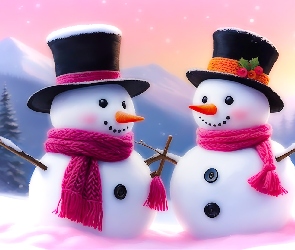 Góry, Szaliki, Dwa, Grafika, Kapelusze, Zima, Bałwany