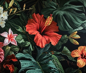 Hibiskusy, Liście, Grafika, Kwiaty