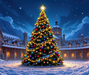 Wieża, Domy, Udekorowana, Boże Narodzenie, Choinka, Zima