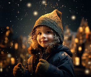 Dziewczynka, Kurtka, Dziecko, Czapka, Śnieg, Noc, Grafika, Rękawiczki