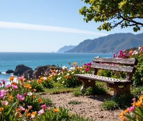 Morze, Drzewo, Ławka, Kwiaty